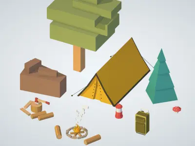 isometric objects tourism cooking BBQ tent fire ax Low-poly 3D model