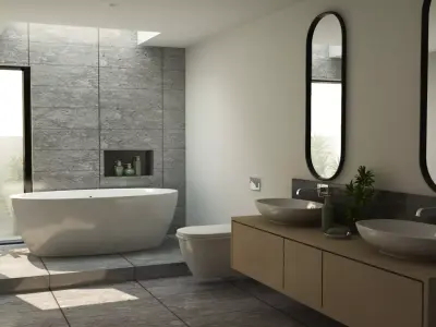 Bathroom 3D model modern with two sinks and bathtub 3D model
