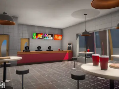 Fast Food Cafe - building with interior Low-poly 3D model