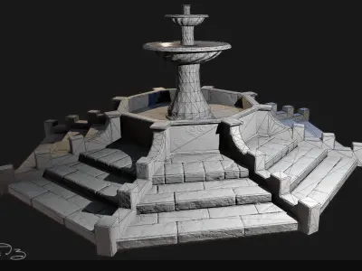Low Poly PBR Stone Water Fountain Low-poly 3D model