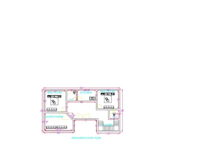 Modern 2BHK Ground Floor House Plan 50x28 Feet AutoCAD Drawing 3D model