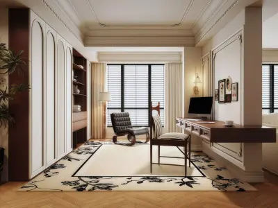 Elegant Classic Home Office with Desk 017 3D model