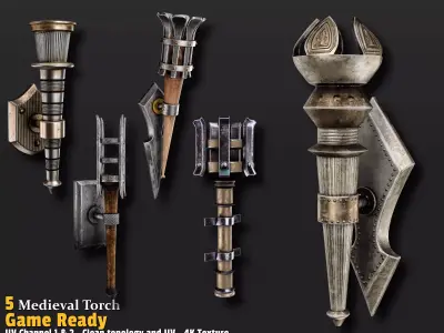 5 Medieval Torch Game Ready Low-poly 3D model