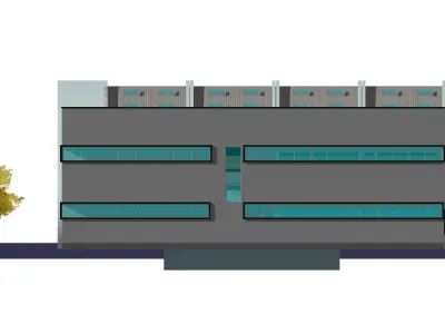 gymnasium building with two windows and tree 3D model