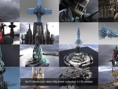 Sci Fi Modern art deco City tower collection 1 3D Model Pack