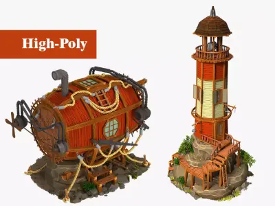 red submarine Old lighthouse on a rock wild west high-poly 3D Model Pack