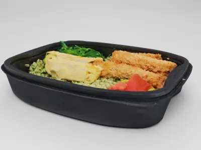 Poke bowl lunch box with salmon rice tomatoes seaweed algae 3D model