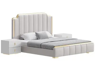 Glam Beige Upholstered Bed 3D model
