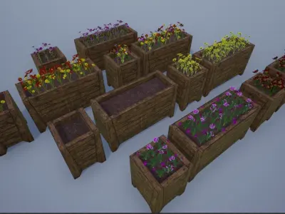 Wooden Big Street Flower Pots Low-poly 3D model