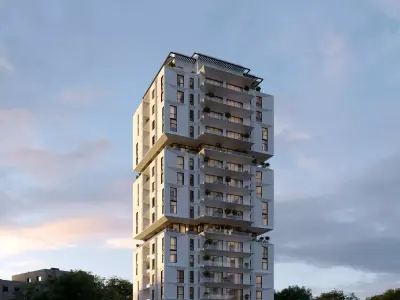 Residential building geometrical facade night time 3D model