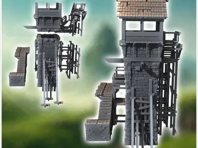 Medieval stone tower and wooden staircase and guillotine 14 - Me 3D print model