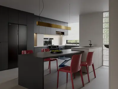 Modern living and dining room kitchen 3D model