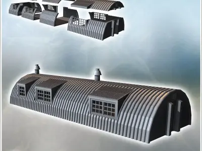 Long corrugated metal building with multiple windows and chimney 3D print model