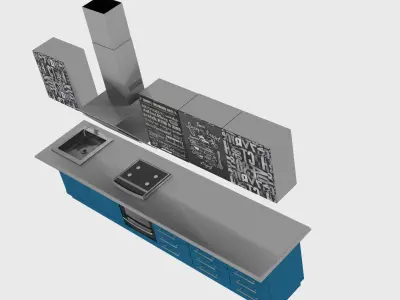 Loft kitchen with blue facades 3D model