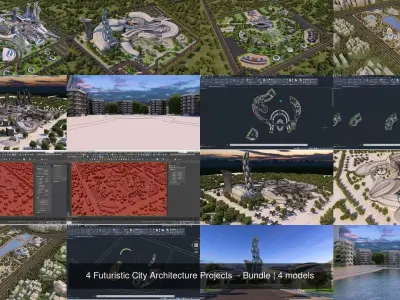 4 Futuristic City Architecture Projects  - Bundle 3D Model Pack
