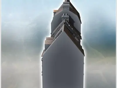 Set of four damaged modern buildings with large access door and  3D print model