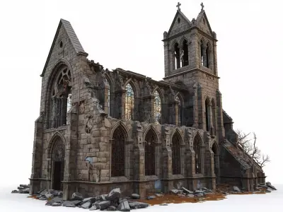 Destroyed Gothic Church 3D Model Ancient Monument Ruin Low-poly 3D model