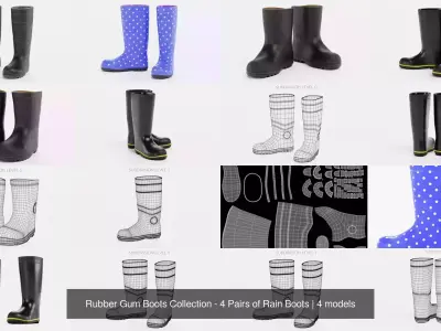 Rubber Gum Boots Collection - 4 Pairs of Rain Boots 3D Model Pack