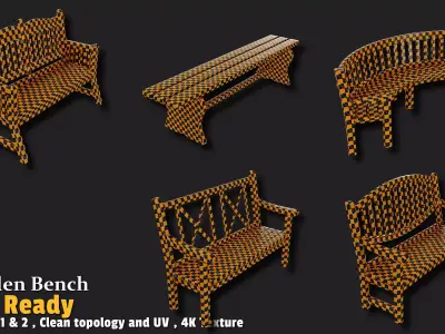 5 Wooden Bench Game Ready Low-poly 3D model