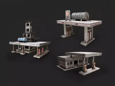 Post Apo Gas Station Collection Low-poly 3D model