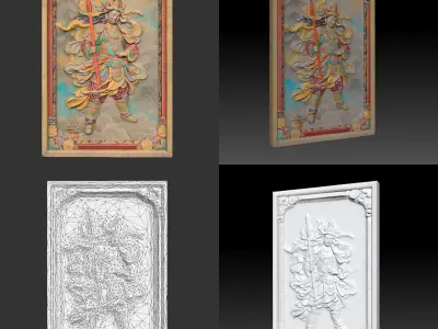 Chinese Temple Walls - Mural Bas relief Colored - 230912 Low-poly 3D model