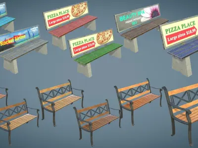 Bus Stop and Benches Low-poly 3D model