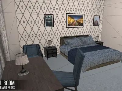 Hotel room - interior and props Low-poly 3D model