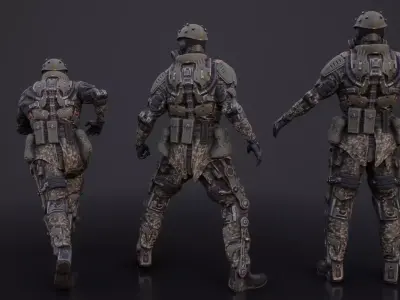 Rigged sci-fi soldier in a heavy exoskeleton Low-poly 3D model