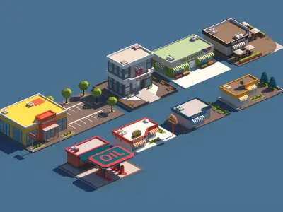 Cartoon Low Poly Shops Package Low-poly 3D model