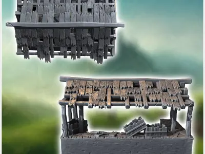 Partially collapsed wooden shed with exposed beams and scattered 3D print model