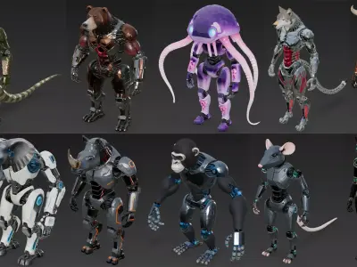 Animal Humanoid Robot Bundle 10 Sci-Fi Character Low-poly 3D model