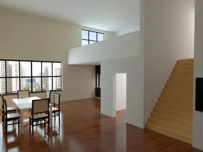 Apartment living room with stairs and dining table 3D model