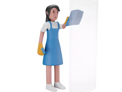 girl cleaning the glass window Low-poly 3D model