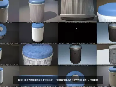 Blue and white plastic trash can - High and Low-Poly Version 3D Model Pack