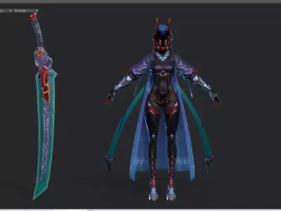 Cyberpunk female swordsmen Low-poly 3D model