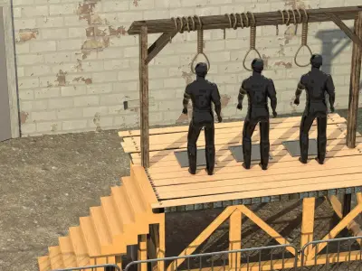 Corded three men hanging from wooden platform 3D model