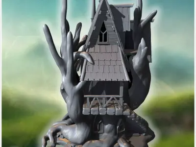 Gothic house elevated on twisted roots with steep rooflines and  3D print model