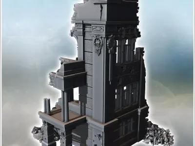 Narrow damaged building with decorative elements and broken wall 3D print model