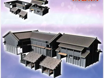 Set of two large Asian tiled roofed buildings with two market st 3D print model