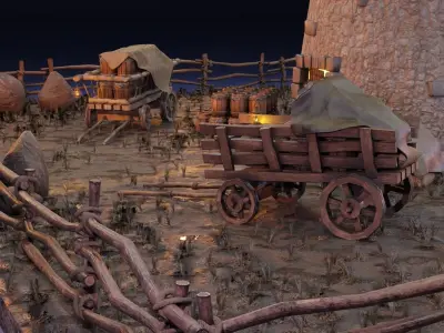 Animated stylized medieval scene of a mill with props Low-poly 3D model