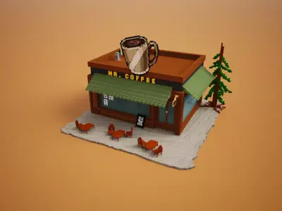 Voxel Coffee Shop  Low-poly 3D model