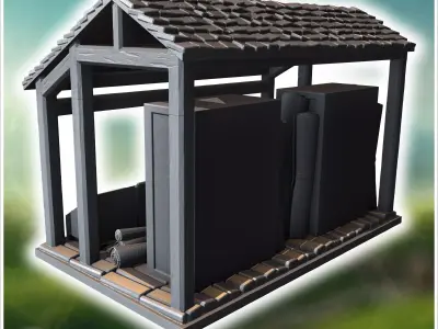 Small wooden shack with crates containing rolled parchment scrol 3D print model