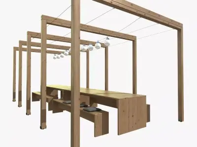 pergola with wooden table bench lights 3D model