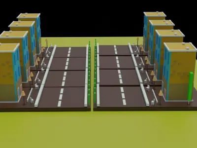 3D society road with two buildings Low-poly 3D model