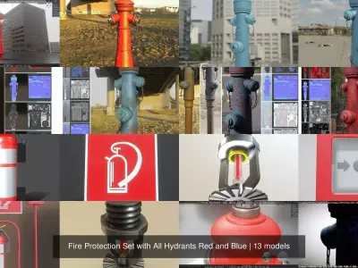 Fire Protection Set with All Hydrants Red and Blue 3D Model Pack