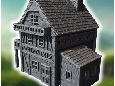 Half-timbered medieval house with a large balcony stone foundati 3D print model
