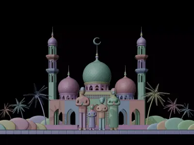 Islamic Family On Front Of A Mosque 3D model