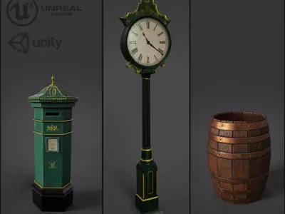 Victorian Street Assets Clock Barrel Postbox Pack Low-poly 3D model