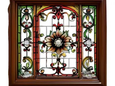 Ornate Stained Glass Window Wood Frame Low-poly 3D model