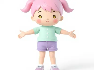 Cute PinkHaired Child Character Model  Rigged and Animated Low-poly 3D model